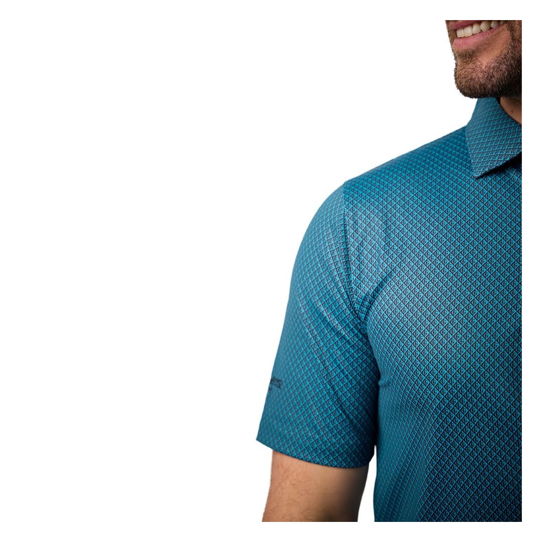 Greg Norman Men's Shadow Grid Performance Golf Polo Shirt – Teal | Moisture-Wicking Stretch Athletic Golf Polo