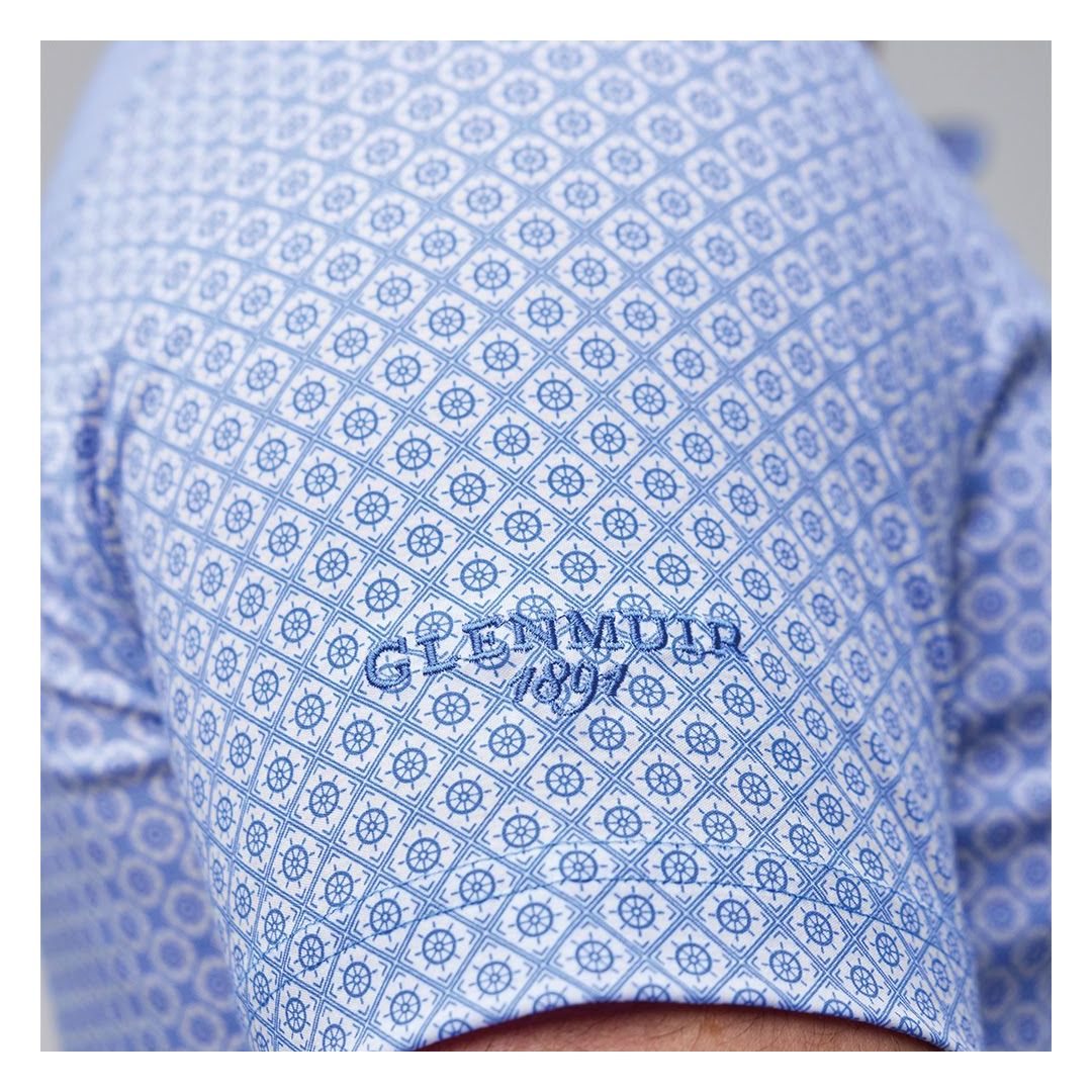 Glenmuir 1891 Men's Performance Golf Polo Shirt – Light Blue Geometric Print | Moisture Wicking Stretch Golf Polo