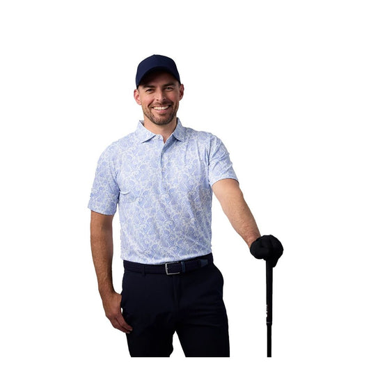 Glenmuir 1891 Men's Performance Golf Polo Shirt – White & Sky Blue Paisley Print | Premium Stretch Golf Polo