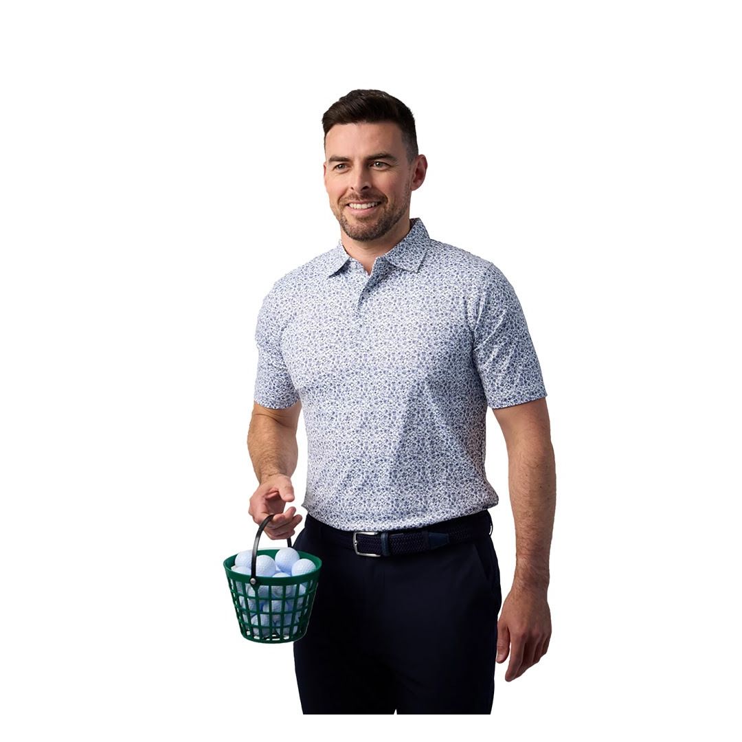 Greg Norman Men's Floral Performance Golf Polo Shirt – White/Navy | Moisture-Wicking Stretch Golf Polo