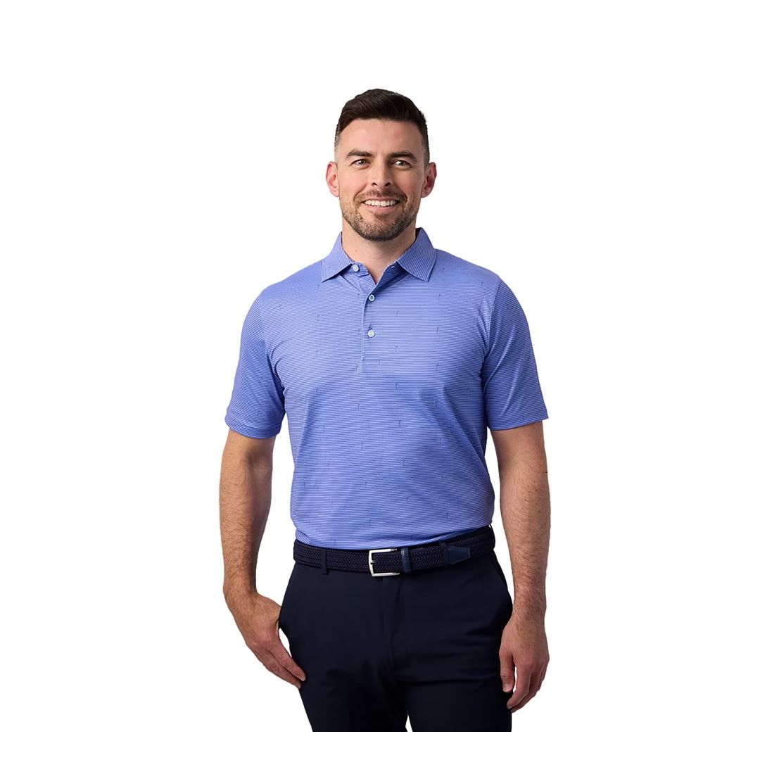 Glenmuir 1891 Men's Durham Stripe Flag Print Performance Golf Polo Shirt – Light Blue | Moisture-Wicking Stretch Golf Polo