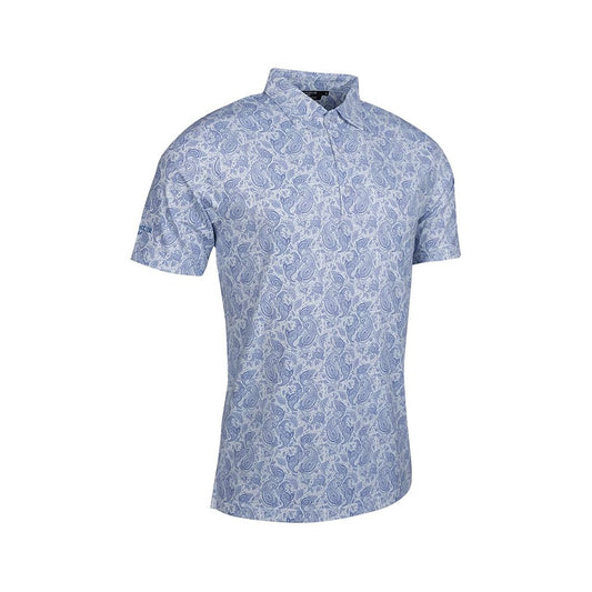 Glenmuir 1891 Men's Performance Golf Polo Shirt – White & Sky Blue Paisley Print | Premium Stretch Golf Polo
