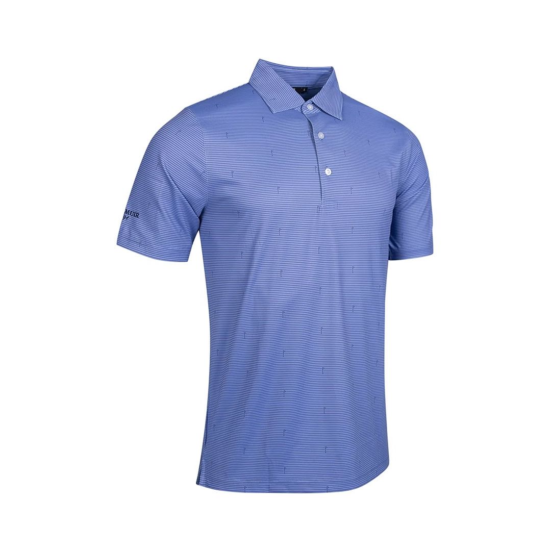 Glenmuir 1891 Men's Durham Stripe Flag Print Performance Golf Polo Shirt – Light Blue | Moisture-Wicking Stretch Golf Polo