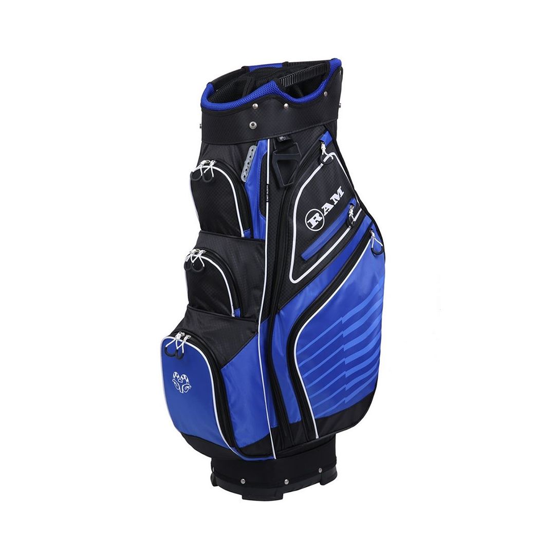 RAM Golf FX Deluxe 14-Way Cart Bag – Lightweight Golf Cart Bag with 10 Storage Pockets | Black, Blue, Red & White