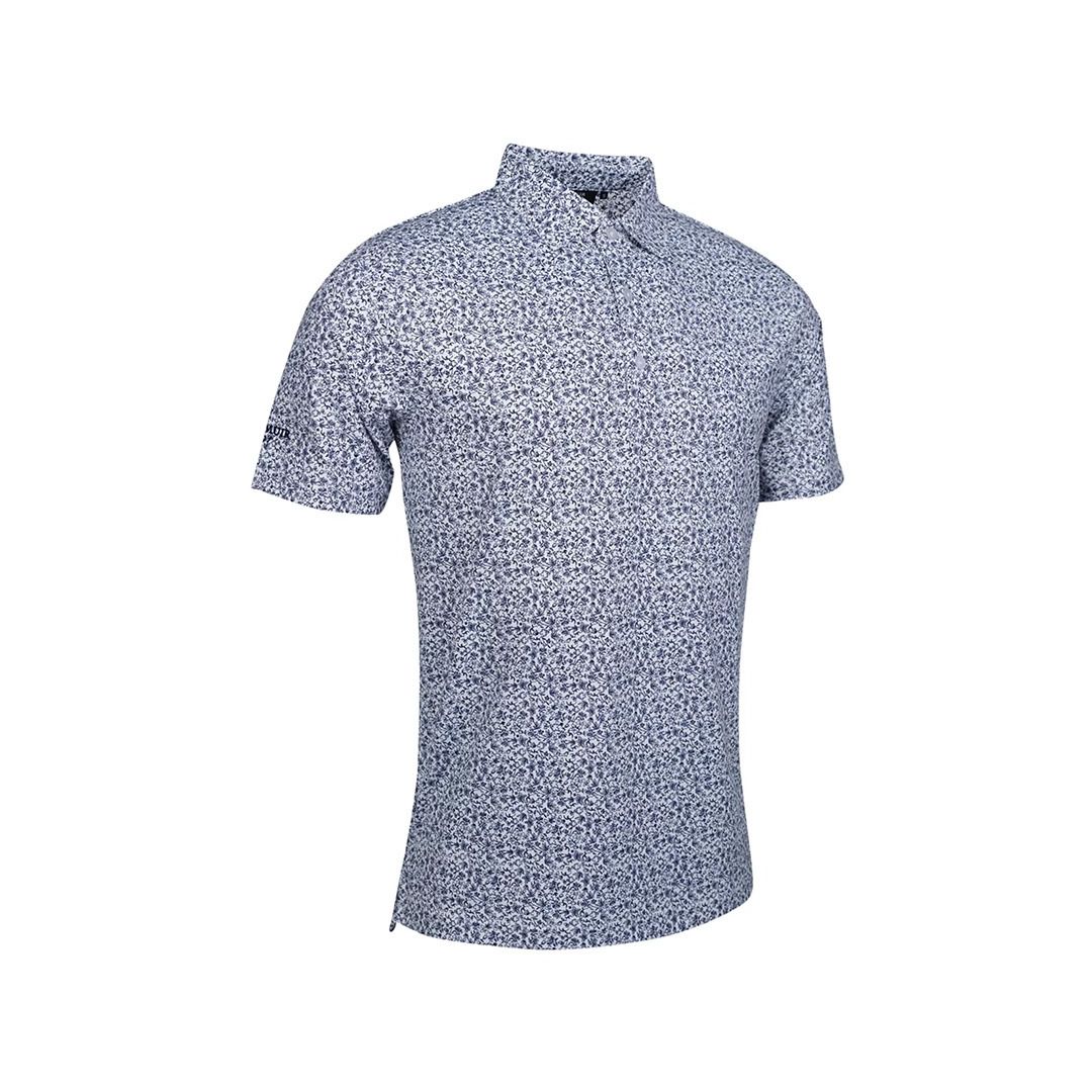 Greg Norman Men's Floral Performance Golf Polo Shirt – White/Navy | Moisture-Wicking Stretch Golf Polo