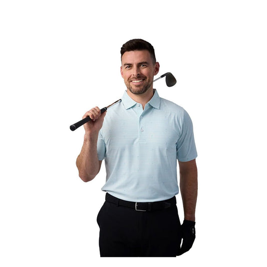 Glenmuir 1891 Men's Durham Stripe Flag Print Performance Golf Polo Shirt – Light Blue | Moisture-Wicking Stretch Golf Polo