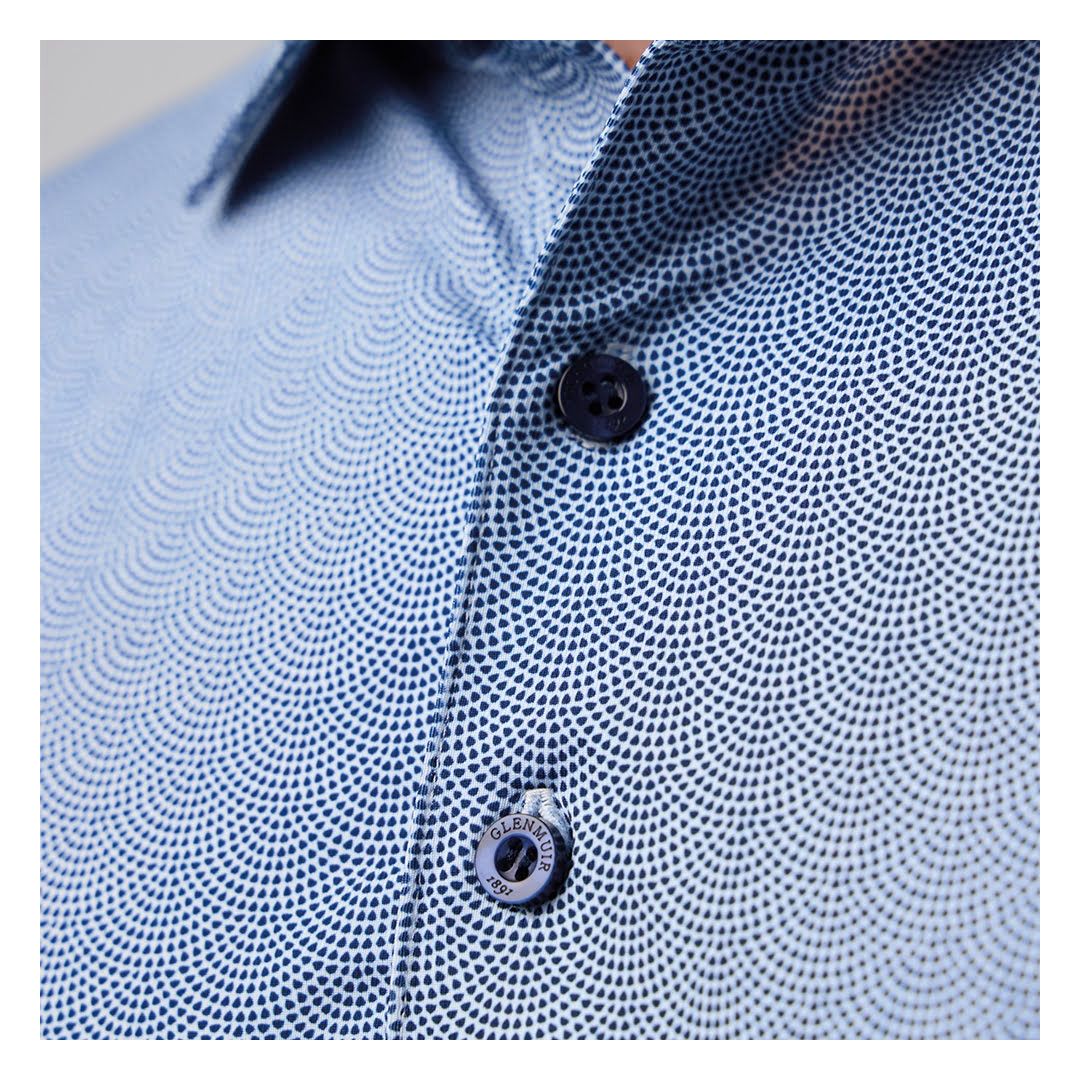 Glenmuir 1891 Men's Performance Golf Polo Shirt – Blue Micro Geometric Print | Breathable Stretch Golf Polo