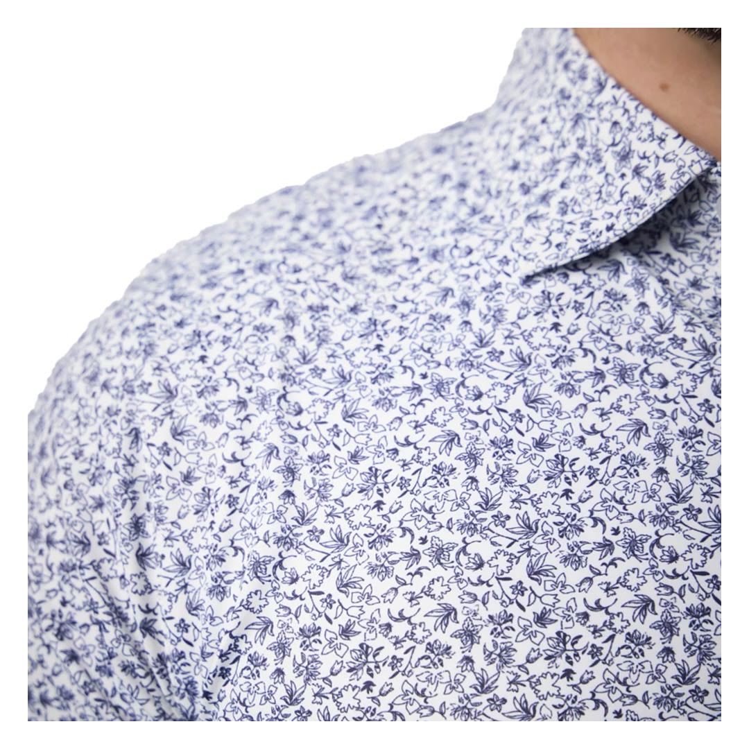 Greg Norman Men's Floral Performance Golf Polo Shirt – White/Navy | Moisture-Wicking Stretch Golf Polo