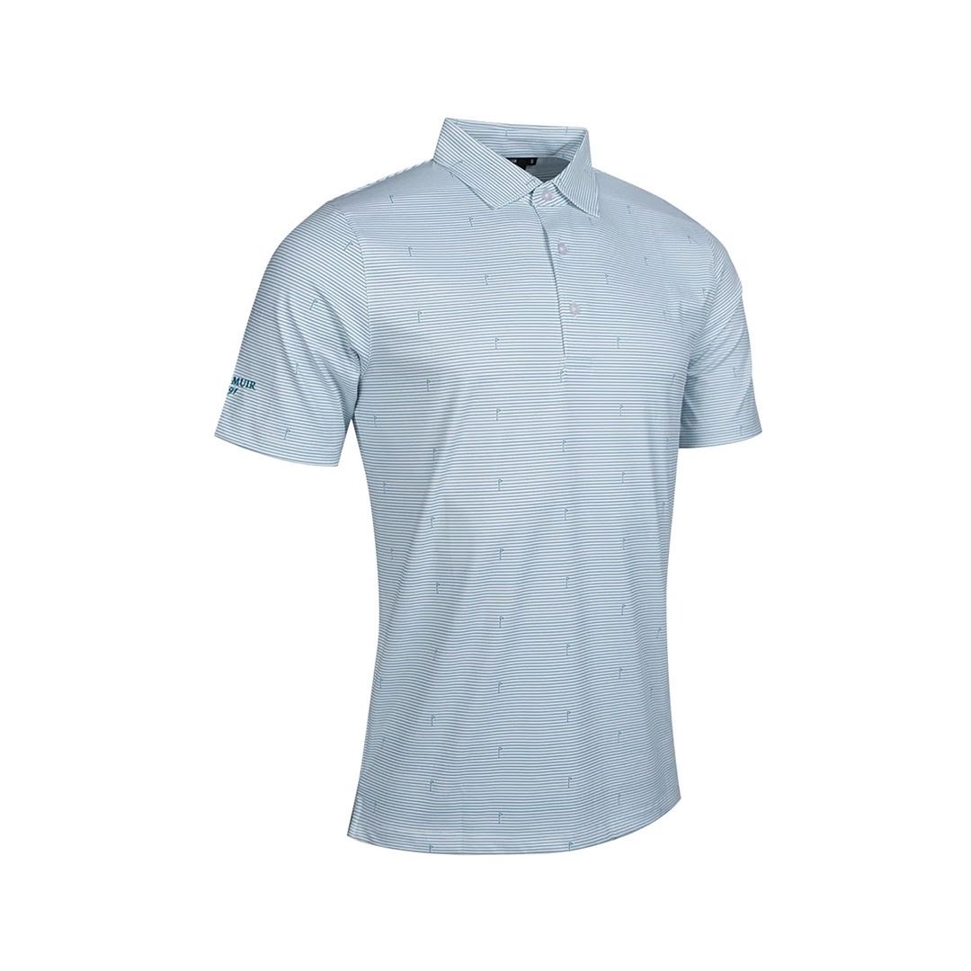 Glenmuir 1891 Men's Durham Stripe Flag Print Performance Golf Polo Shirt – Light Blue | Moisture-Wicking Stretch Golf Polo