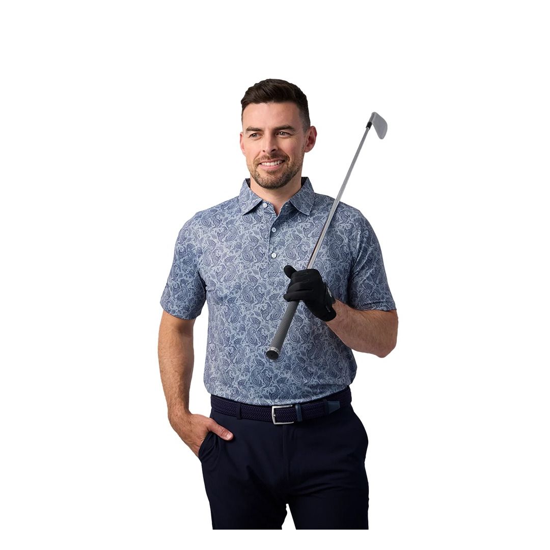 Glenmuir 1891 Men's Moffat Paisley Performance Golf Polo Shirt – Ocean Blue | Premium Stretch Moisture-Wicking Golf Polo