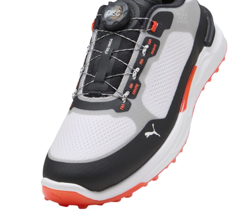 PUMA Ignite Elevate X DISC Spikeless Golf Shoes - White/Black/Orange | Waterproof Golf Shoes for Men