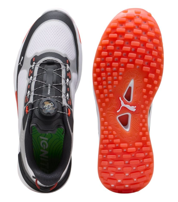 PUMA Ignite Elevate X DISC Spikeless Golf Shoes - White/Black/Orange | Waterproof Golf Shoes for Men