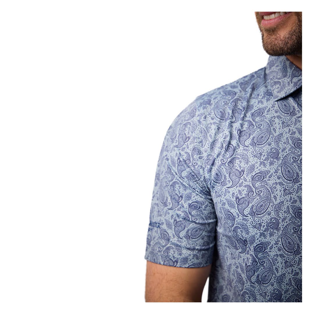 Glenmuir 1891 Men's Moffat Paisley Performance Golf Polo Shirt – Ocean Blue | Premium Stretch Moisture-Wicking Golf Polo