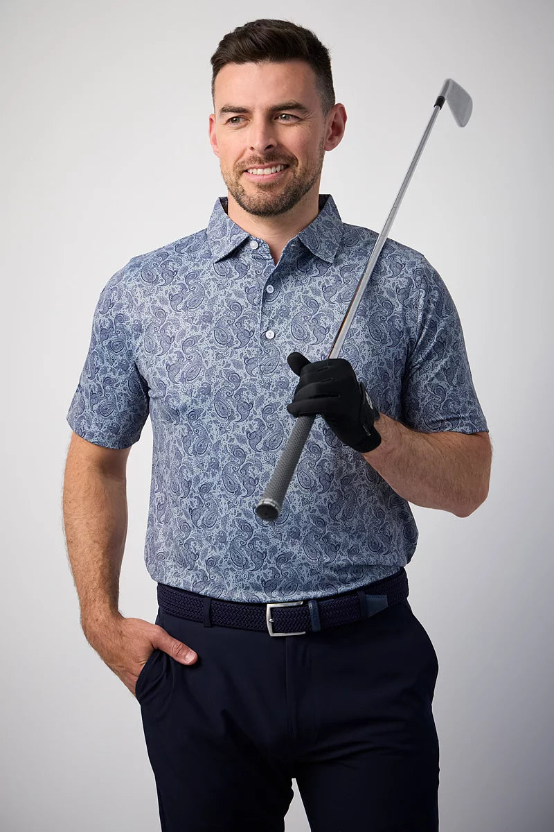 Glenmuir 1891 Men's Performance Golf Polo Shirt – White & Sky Blue Paisley Print | Premium Stretch Golf Polo