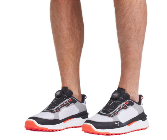 PUMA Ignite Elevate X DISC Spikeless Golf Shoes - White/Black/Orange | Waterproof Golf Shoes for Men