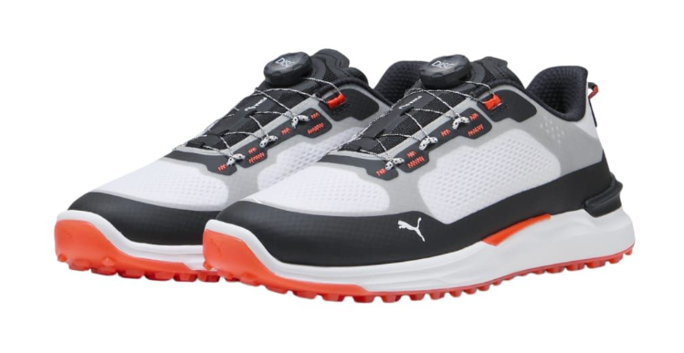 PUMA Ignite Elevate X DISC Spikeless Golf Shoes - White/Black/Orange | Waterproof Golf Shoes for Men